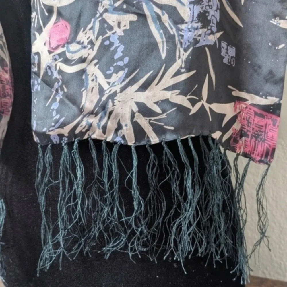 Vintage Y2K 90s Boho Eccentric Eastern Asia Print Tassel Fringe Satin Silk Scarf